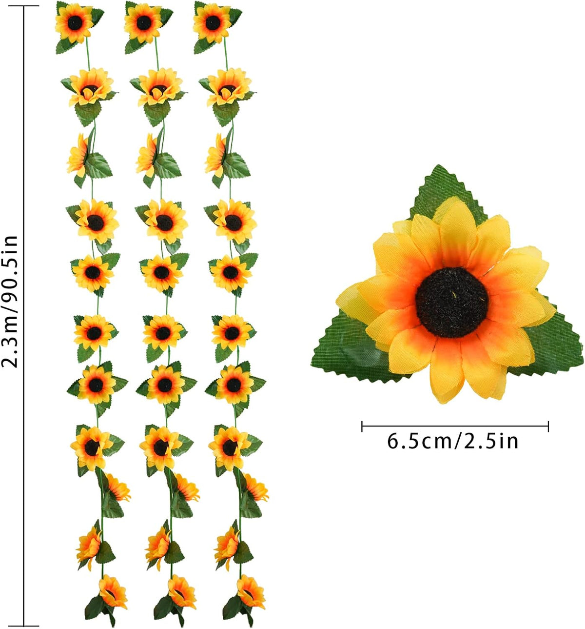 3 Pack Artificial Sunflower Garland, 7.5ft/Strand Silk Sunflowers Hanging Vines Flowers with Green Leaves for Room Kitchen Garden Birthday Wedding Baby Shower Party Table Decor Large