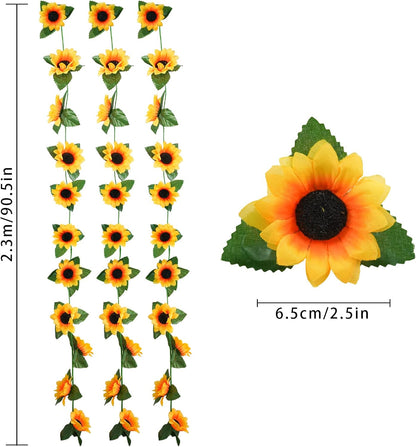 3 Pack Artificial Sunflower Garland, 7.5ft/Strand Silk Sunflowers Hanging Vines Flowers with Green Leaves for Room Kitchen Garden Birthday Wedding Baby Shower Party Table Decor Large
