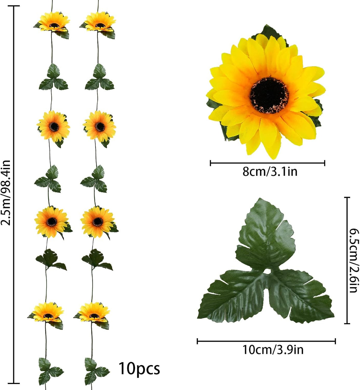 3 Pack Artificial Sunflower Garland, 7.5ft/Strand Silk Sunflowers Hanging Vines Flowers with Green Leaves for Room Kitchen Garden Birthday Wedding Baby Shower Party Table Decor Large