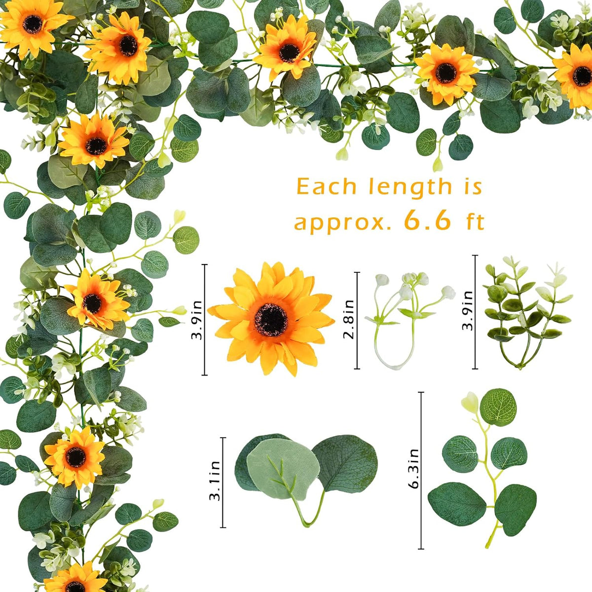 3 Pack Artificial Sunflower Garland, 7.5ft/Strand Silk Sunflowers Hanging Vines Flowers with Green Leaves for Room Kitchen Garden Birthday Wedding Baby Shower Party Table Decor Large