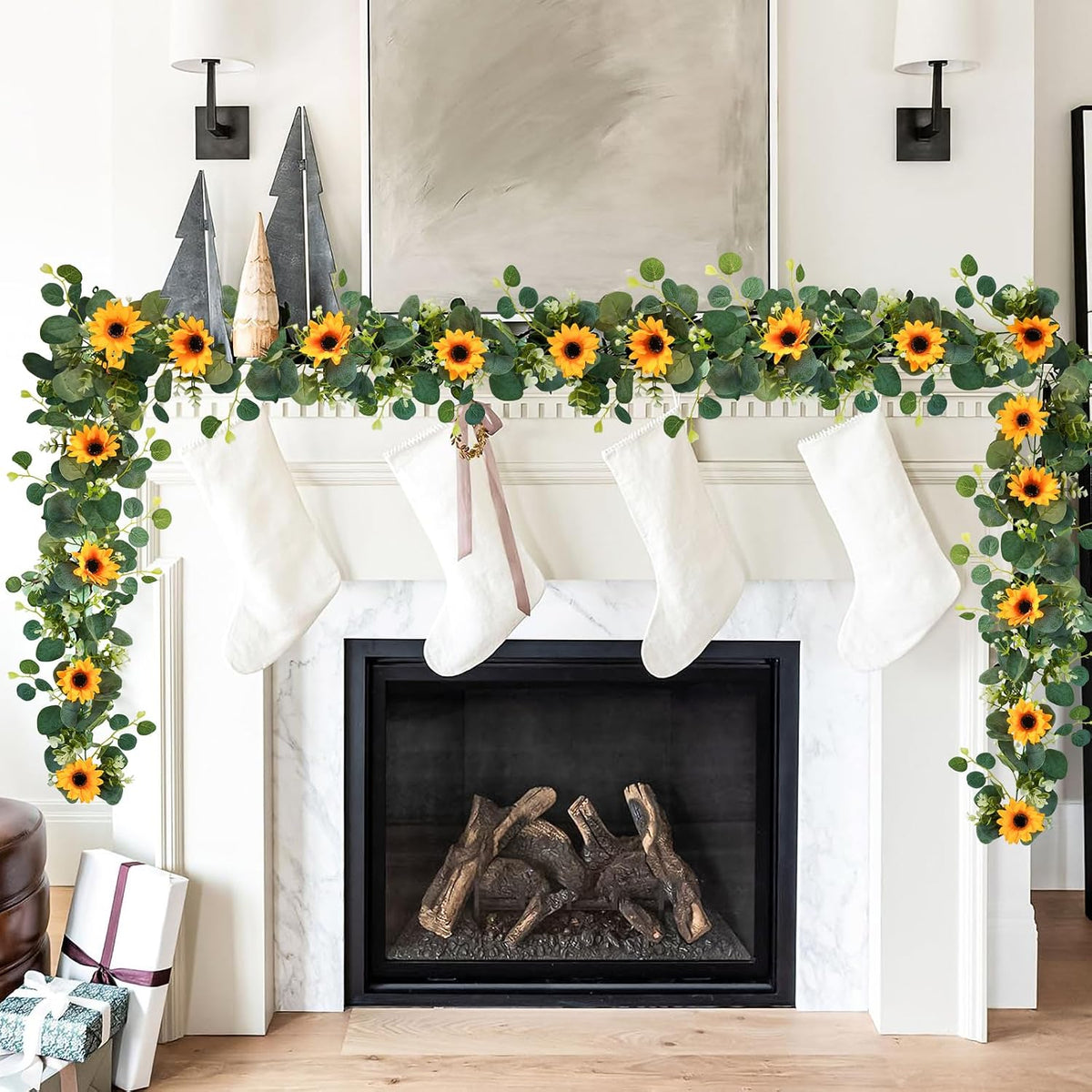 3 Pack Artificial Sunflower Garland, 7.5ft/Strand Silk Sunflowers Hanging Vines Flowers with Green Leaves for Room Kitchen Garden Birthday Wedding Baby Shower Party Table Decor Large