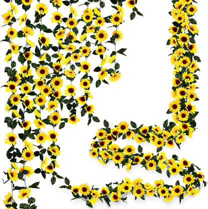 3 Pack Artificial Sunflower Garland, 7.5ft/Strand Silk Sunflowers Hanging Vines Flowers with Green Leaves for Room Kitchen Garden Birthday Wedding Baby Shower Party Table Decor Large