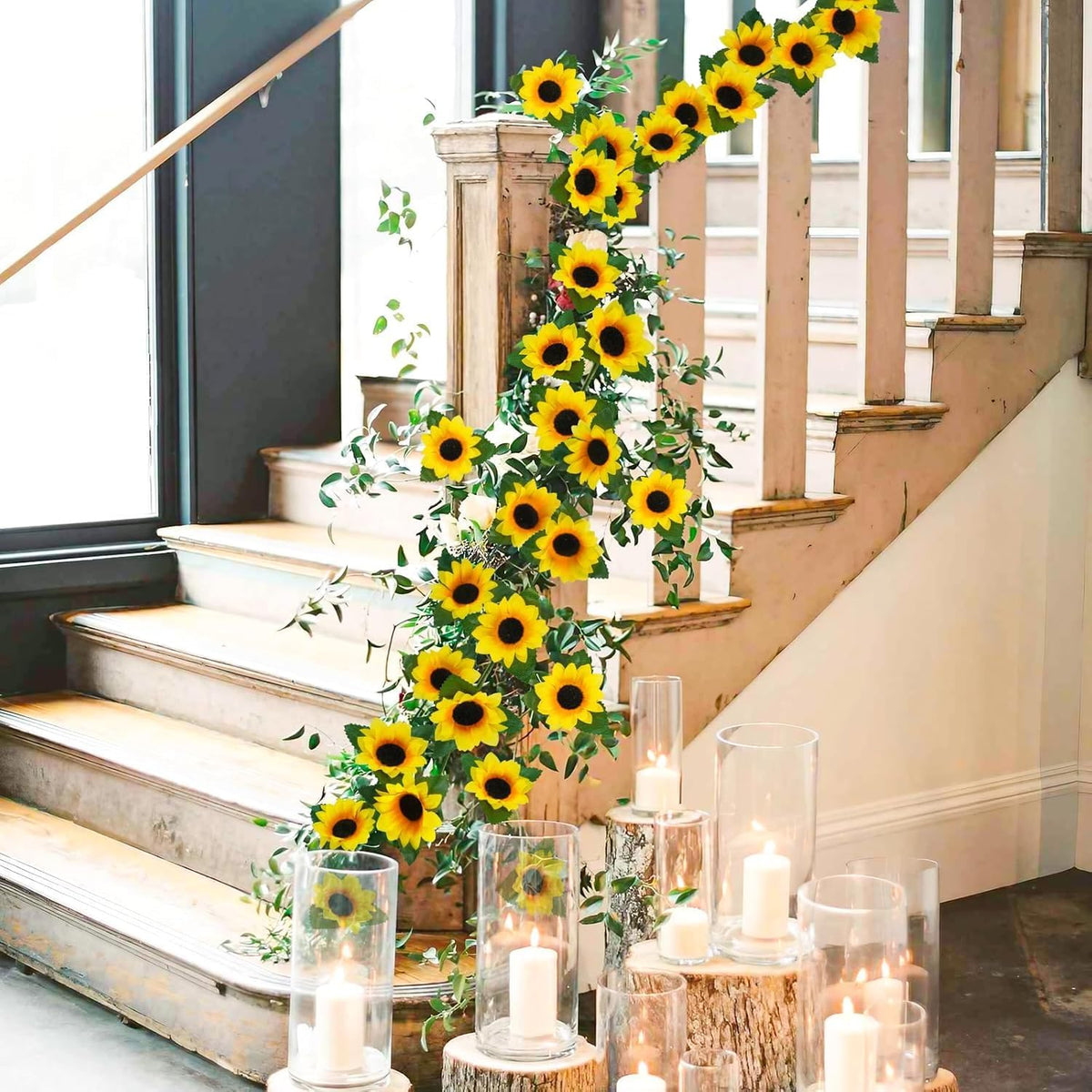 3 Pack Artificial Sunflower Garland, 7.5ft/Strand Silk Sunflowers Hanging Vines Flowers with Green Leaves for Room Kitchen Garden Birthday Wedding Baby Shower Party Table Decor Large