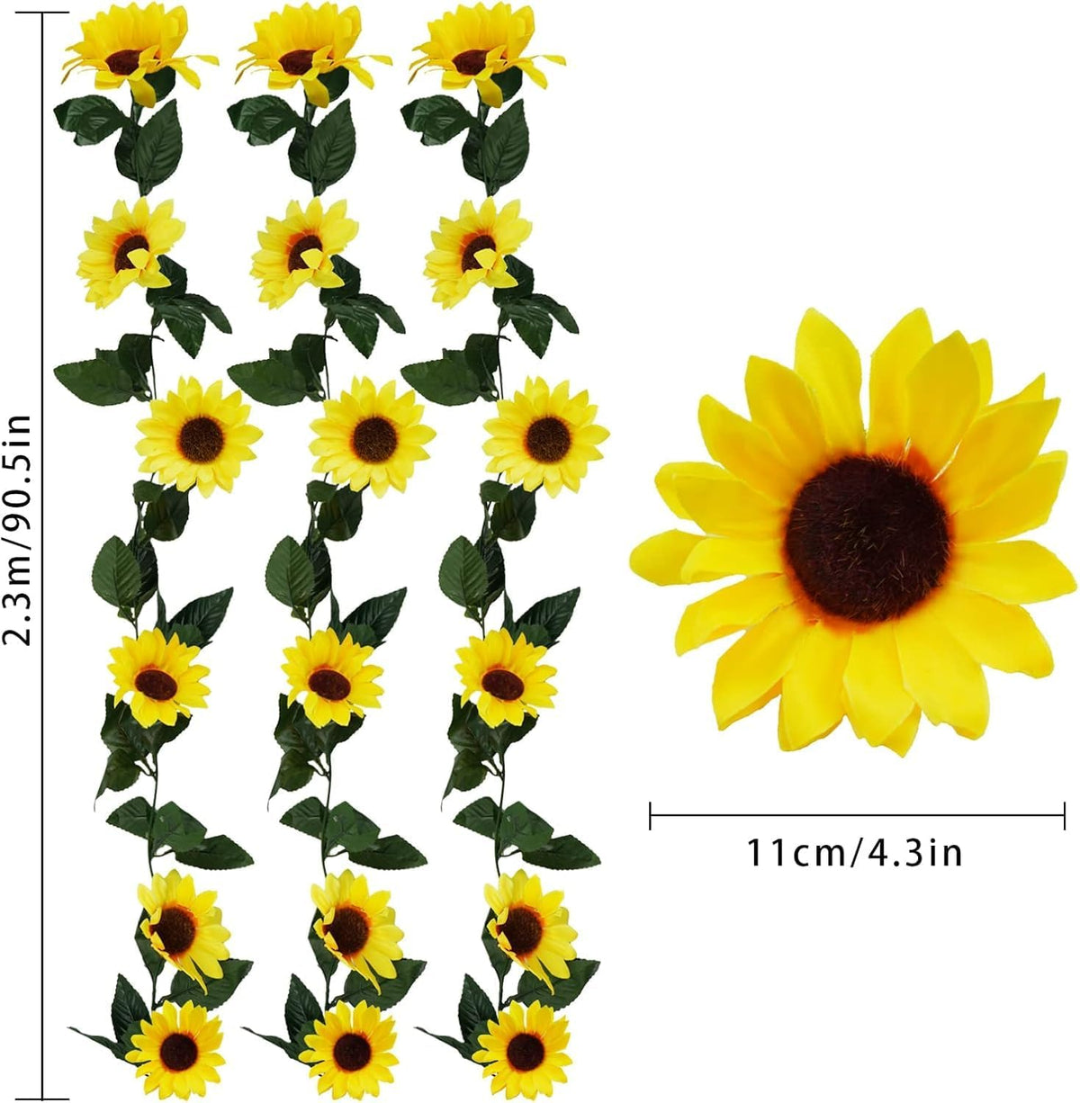 3 Pack Artificial Sunflower Garland, 7.5ft/Strand Silk Sunflowers Hanging Vines Flowers with Green Leaves for Room Kitchen Garden Birthday Wedding Baby Shower Party Table Decor Large