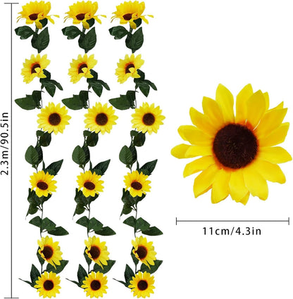 3 Pack Artificial Sunflower Garland, 7.5ft/Strand Silk Sunflowers Hanging Vines Flowers with Green Leaves for Room Kitchen Garden Birthday Wedding Baby Shower Party Table Decor Large