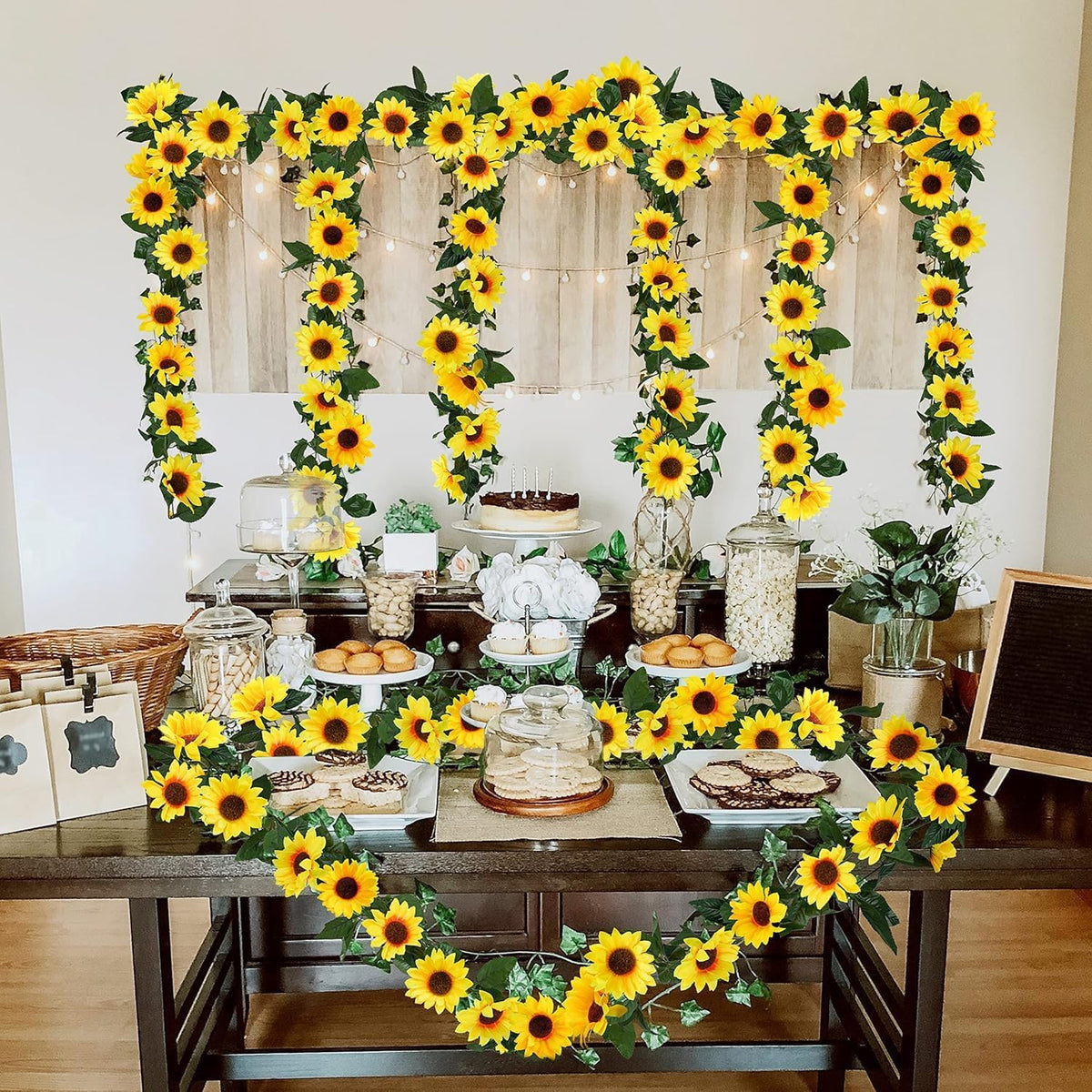 3 Pack Artificial Sunflower Garland, 7.5ft/Strand Silk Sunflowers Hanging Vines Flowers with Green Leaves for Room Kitchen Garden Birthday Wedding Baby Shower Party Table Decor Large