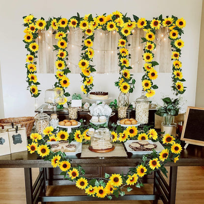 3 Pack Artificial Sunflower Garland, 7.5ft/Strand Silk Sunflowers Hanging Vines Flowers with Green Leaves for Room Kitchen Garden Birthday Wedding Baby Shower Party Table Decor Large