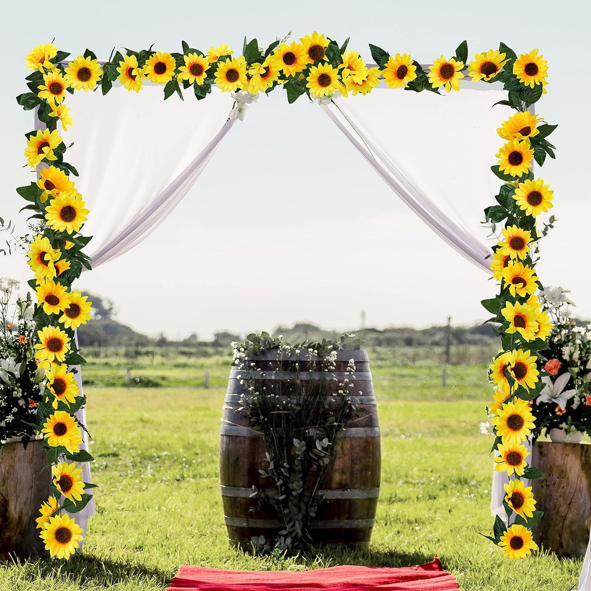3 Pack Artificial Sunflower Garland, 7.5ft/Strand Silk Sunflowers Hanging Vines Flowers with Green Leaves for Room Kitchen Garden Birthday Wedding Baby Shower Party Table Decor Large