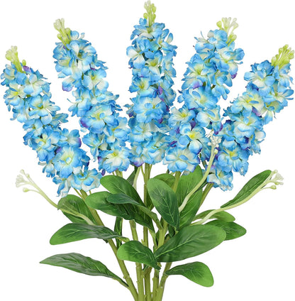 5pcs White Delphinium Artificial Flowers Silk UV Resistant Flower, 25.5" UV Fake Flowers for Indoors & Outdoors, UV Protected Faux Floral Arrangements for DIY Bouquets Centerpieces Home Wedding Decor