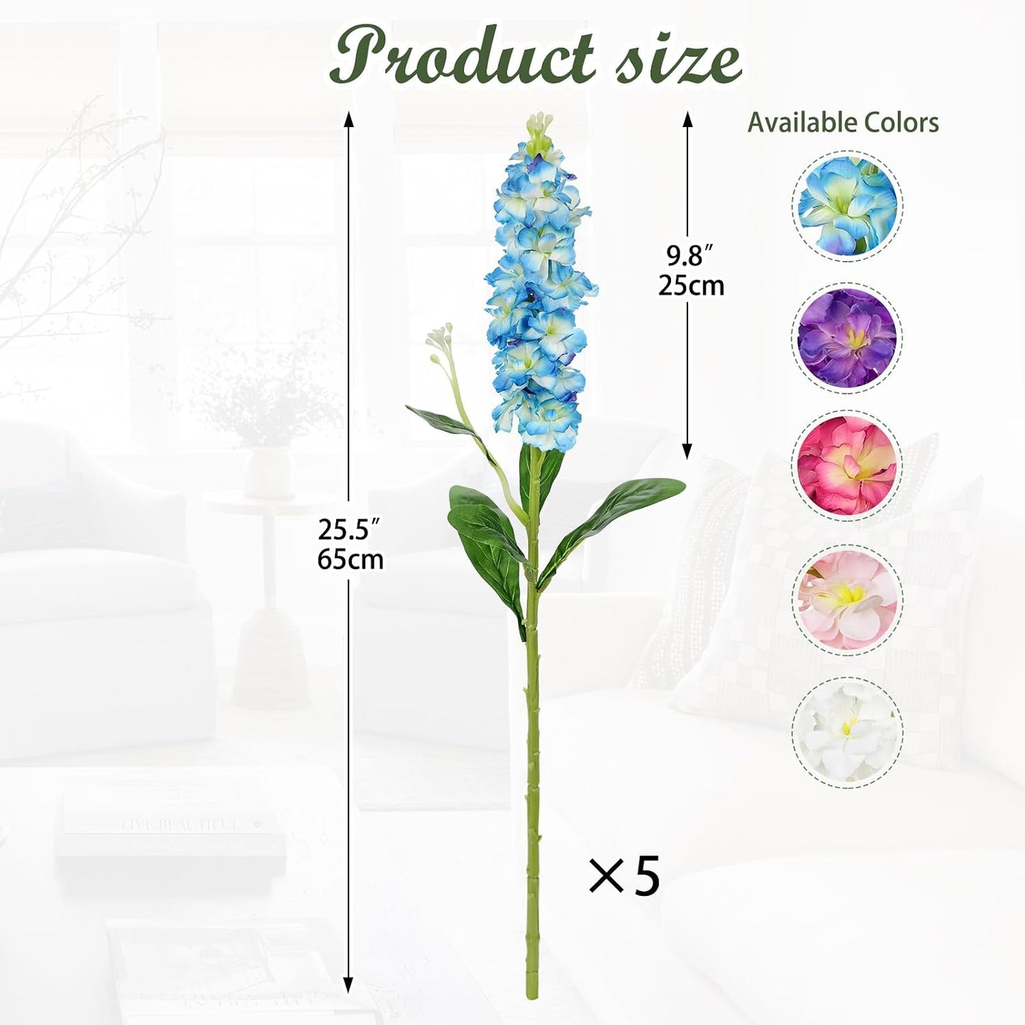 5pcs White Delphinium Artificial Flowers Silk UV Resistant Flower, 25.5" UV Fake Flowers for Indoors & Outdoors, UV Protected Faux Floral Arrangements for DIY Bouquets Centerpieces Home Wedding Decor