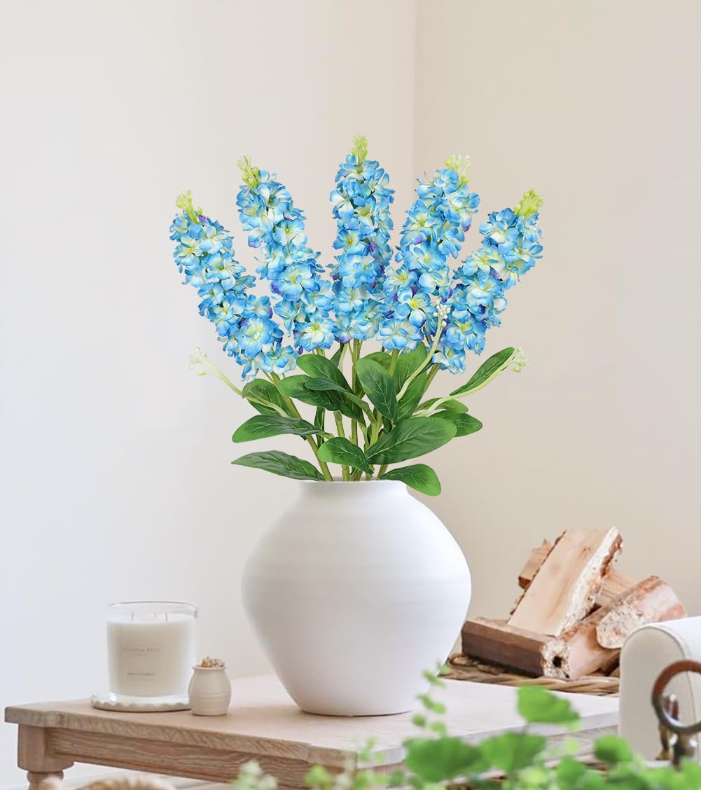 5pcs White Delphinium Artificial Flowers Silk UV Resistant Flower, 25.5" UV Fake Flowers for Indoors & Outdoors, UV Protected Faux Floral Arrangements for DIY Bouquets Centerpieces Home Wedding Decor