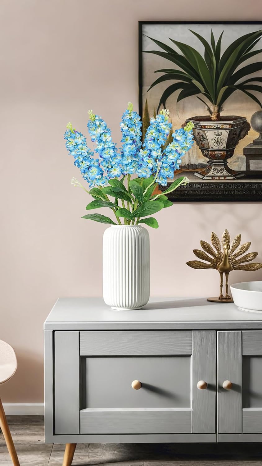 5pcs White Delphinium Artificial Flowers Silk UV Resistant Flower, 25.5" UV Fake Flowers for Indoors & Outdoors, UV Protected Faux Floral Arrangements for DIY Bouquets Centerpieces Home Wedding Decor