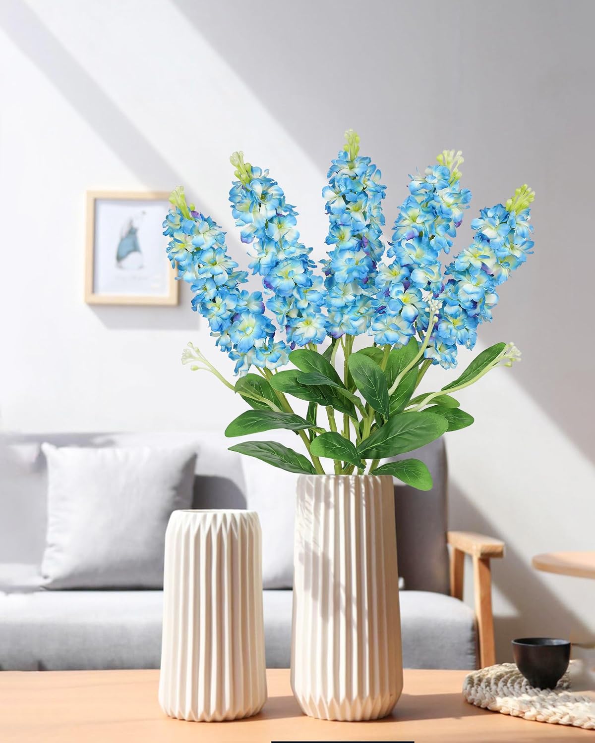 5pcs White Delphinium Artificial Flowers Silk UV Resistant Flower, 25.5" UV Fake Flowers for Indoors & Outdoors, UV Protected Faux Floral Arrangements for DIY Bouquets Centerpieces Home Wedding Decor