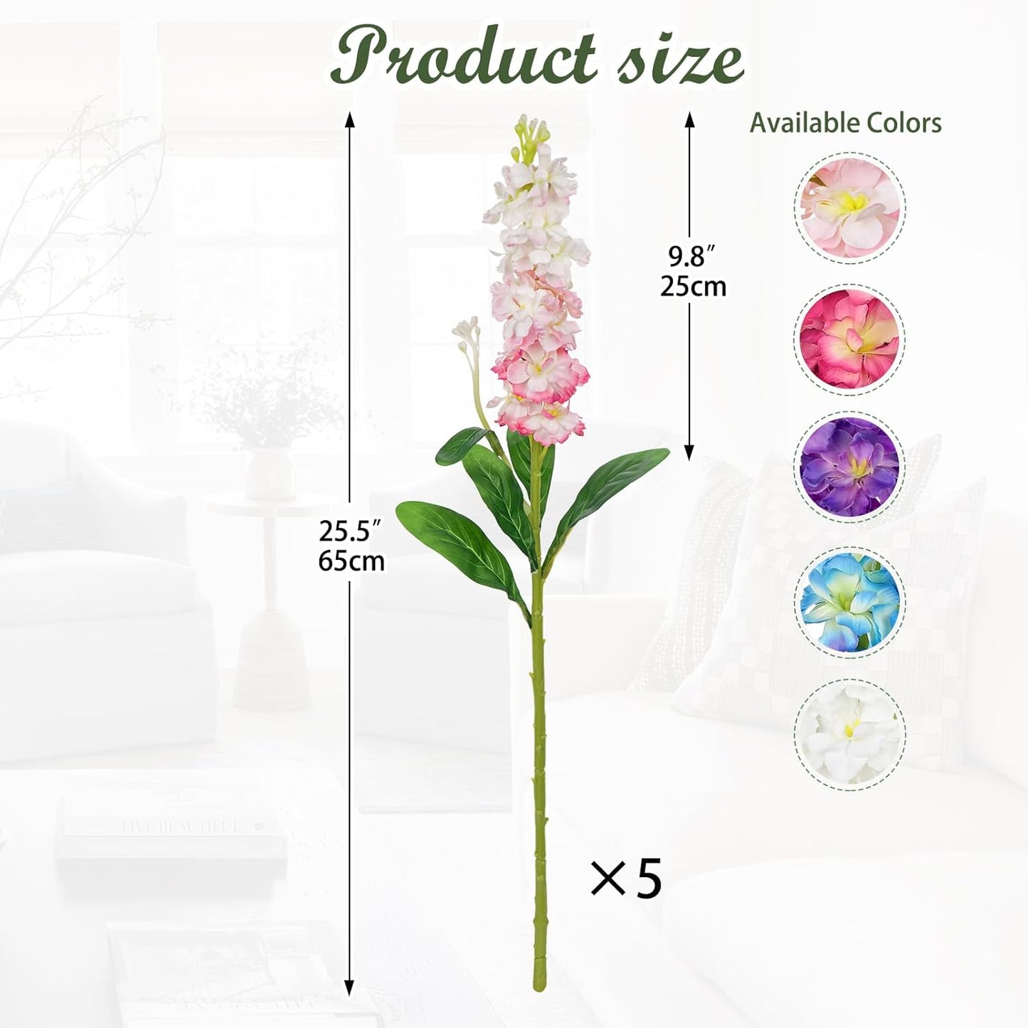 5pcs White Delphinium Artificial Flowers Silk UV Resistant Flower, 25.5" UV Fake Flowers for Indoors & Outdoors, UV Protected Faux Floral Arrangements for DIY Bouquets Centerpieces Home Wedding Decor