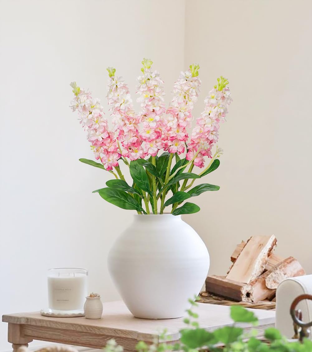 5pcs White Delphinium Artificial Flowers Silk UV Resistant Flower, 25.5" UV Fake Flowers for Indoors & Outdoors, UV Protected Faux Floral Arrangements for DIY Bouquets Centerpieces Home Wedding Decor