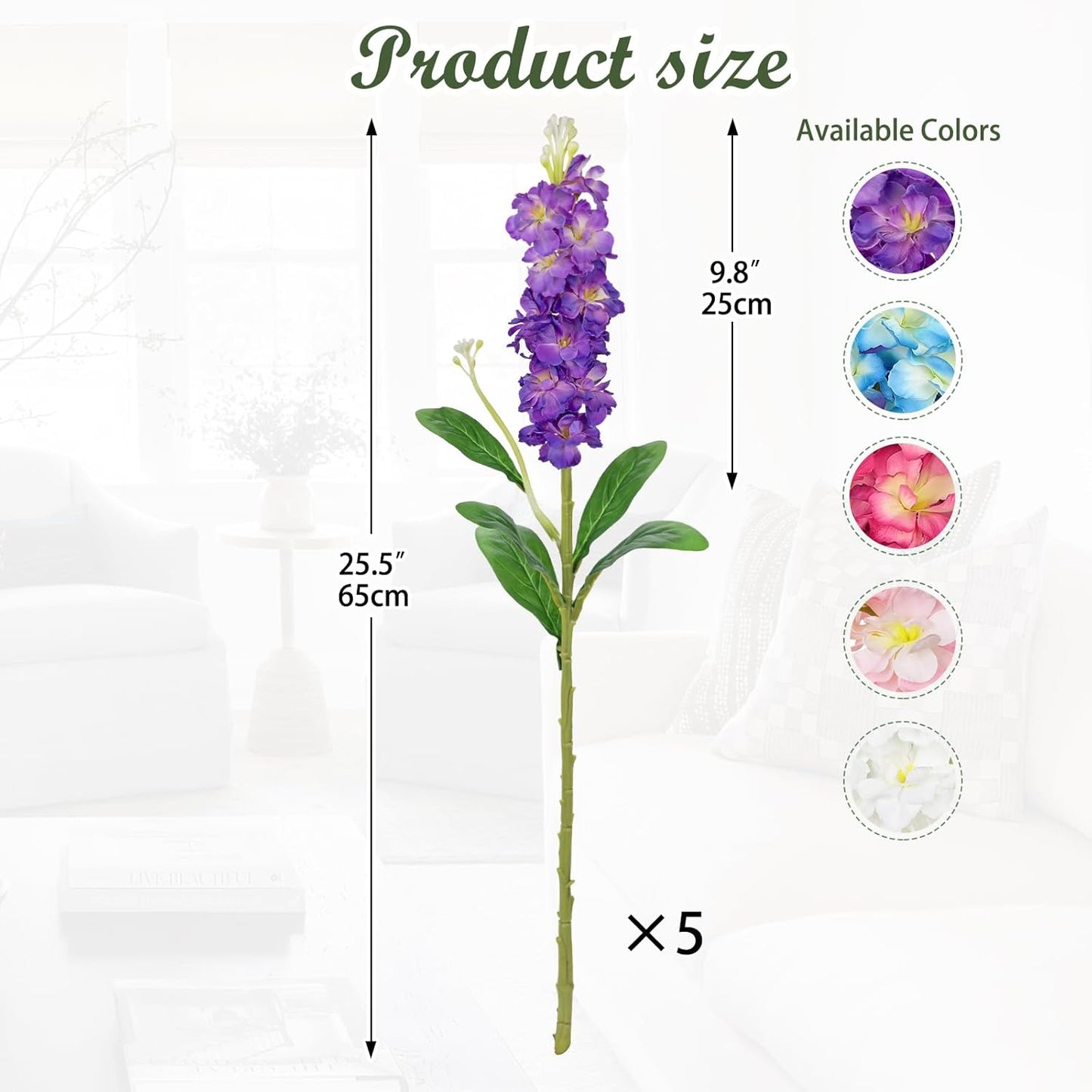 5pcs White Delphinium Artificial Flowers Silk UV Resistant Flower, 25.5" UV Fake Flowers for Indoors & Outdoors, UV Protected Faux Floral Arrangements for DIY Bouquets Centerpieces Home Wedding Decor