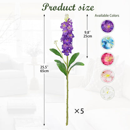 5pcs White Delphinium Artificial Flowers Silk UV Resistant Flower, 25.5" UV Fake Flowers for Indoors & Outdoors, UV Protected Faux Floral Arrangements for DIY Bouquets Centerpieces Home Wedding Decor