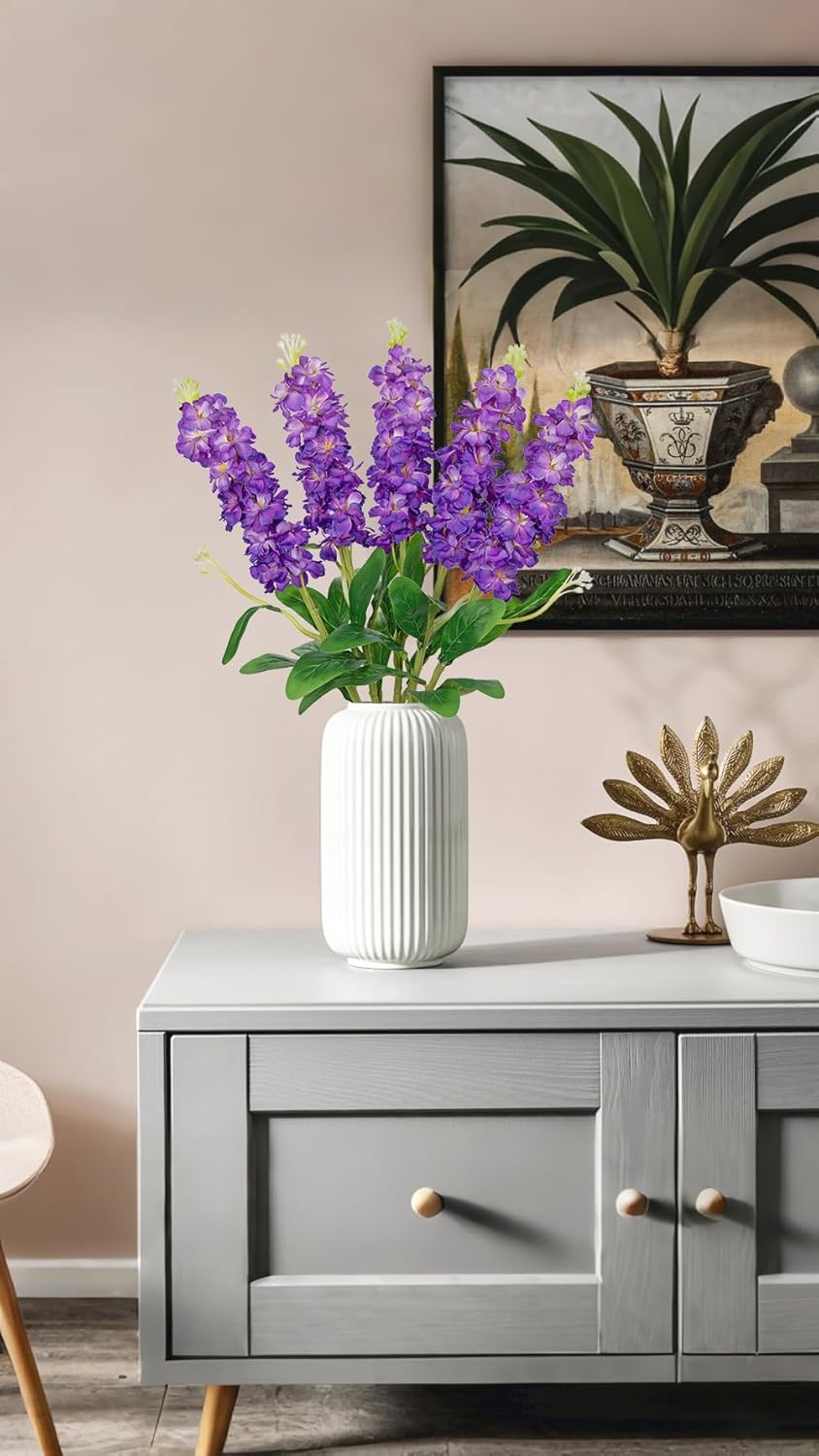 5pcs White Delphinium Artificial Flowers Silk UV Resistant Flower, 25.5" UV Fake Flowers for Indoors & Outdoors, UV Protected Faux Floral Arrangements for DIY Bouquets Centerpieces Home Wedding Decor