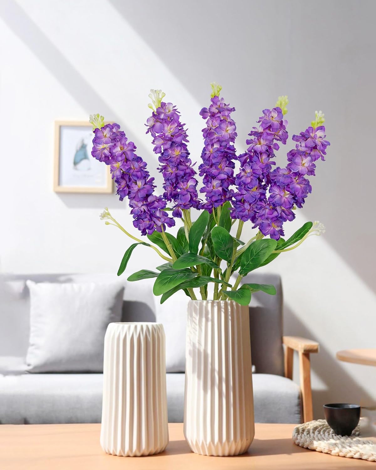 5pcs White Delphinium Artificial Flowers Silk UV Resistant Flower, 25.5" UV Fake Flowers for Indoors & Outdoors, UV Protected Faux Floral Arrangements for DIY Bouquets Centerpieces Home Wedding Decor