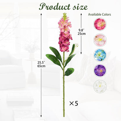 5pcs White Delphinium Artificial Flowers Silk UV Resistant Flower, 25.5" UV Fake Flowers for Indoors & Outdoors, UV Protected Faux Floral Arrangements for DIY Bouquets Centerpieces Home Wedding Decor