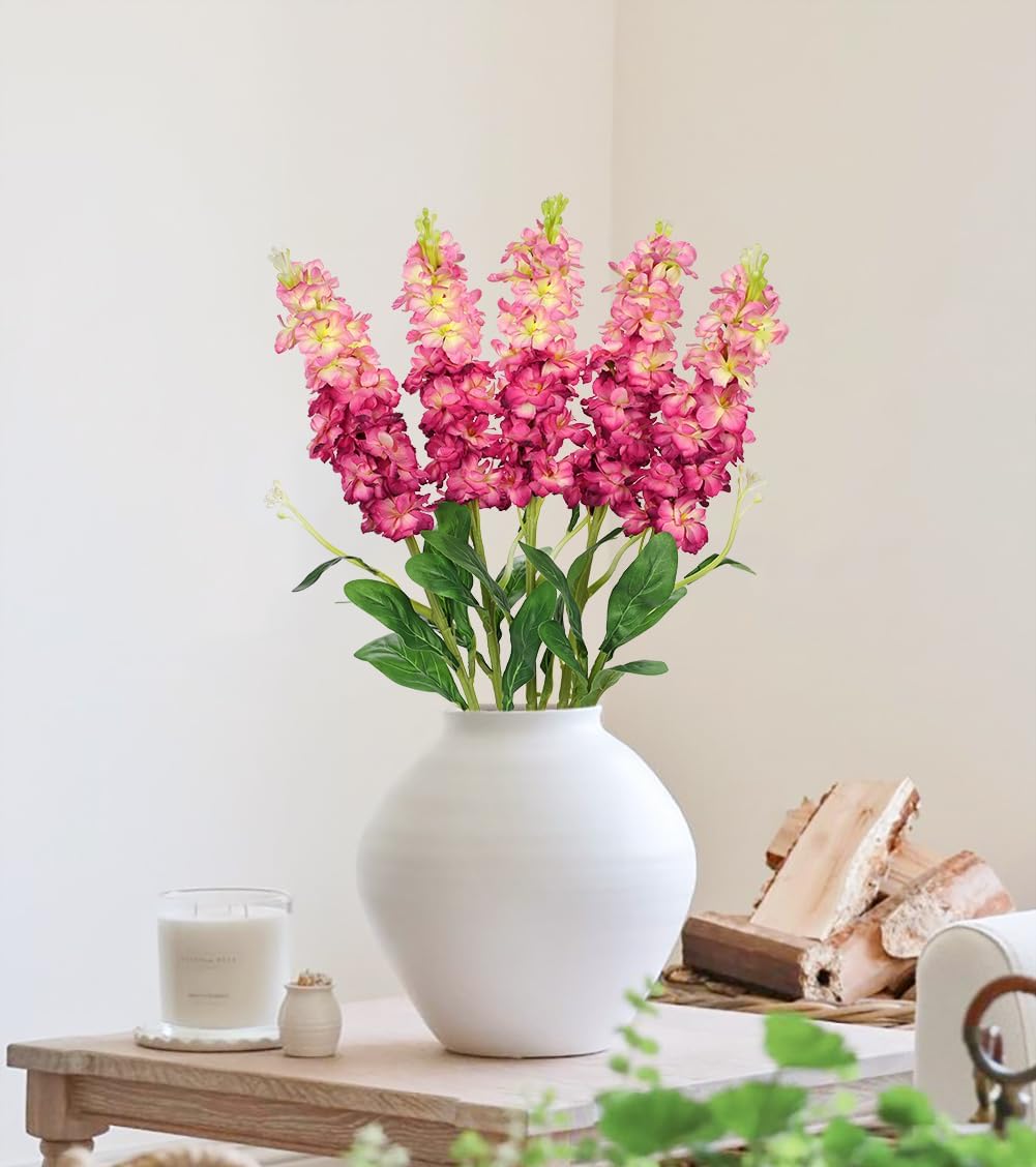 5pcs White Delphinium Artificial Flowers Silk UV Resistant Flower, 25.5" UV Fake Flowers for Indoors & Outdoors, UV Protected Faux Floral Arrangements for DIY Bouquets Centerpieces Home Wedding Decor