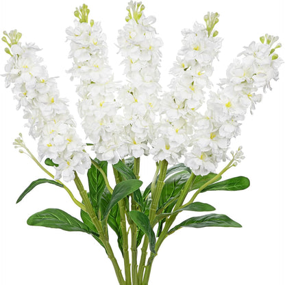 5pcs White Delphinium Artificial Flowers Silk UV Resistant Flower, 25.5" UV Fake Flowers for Indoors & Outdoors, UV Protected Faux Floral Arrangements for DIY Bouquets Centerpieces Home Wedding Decor