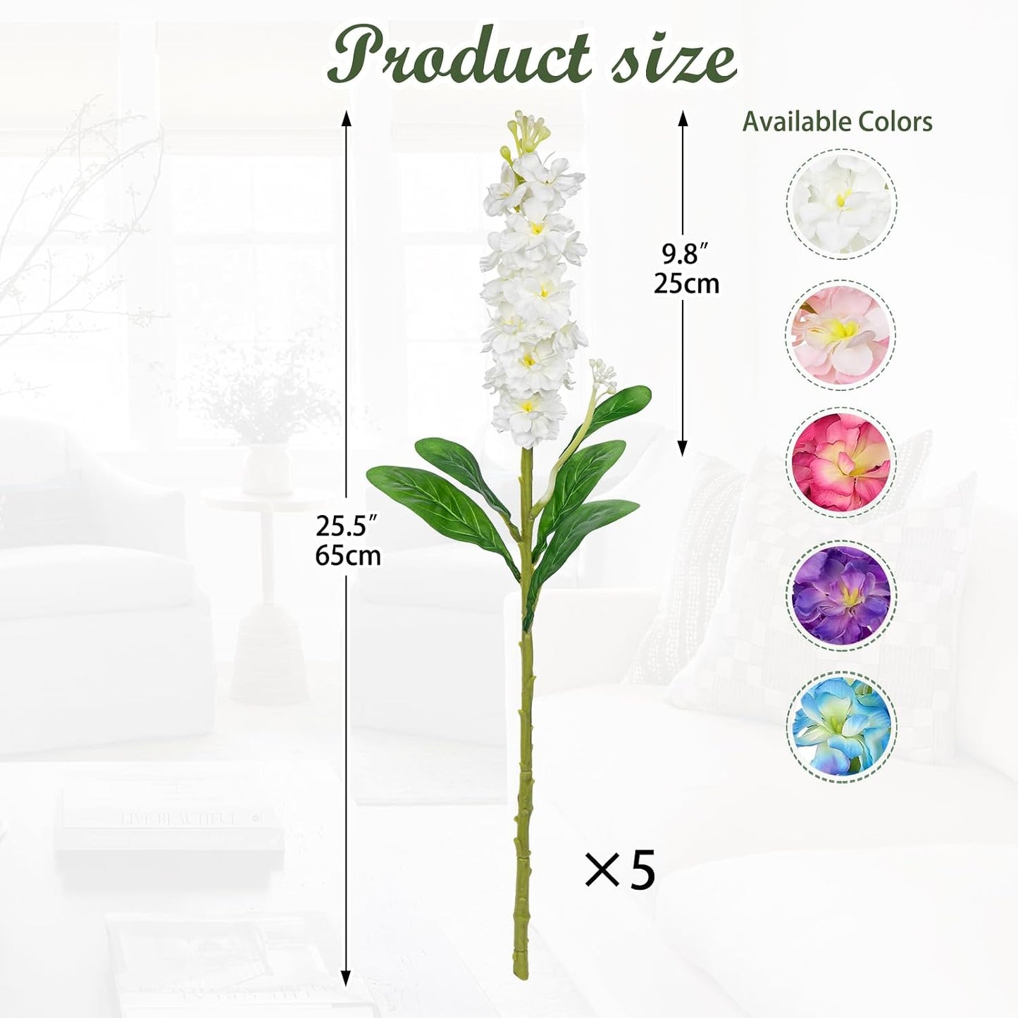 5pcs White Delphinium Artificial Flowers Silk UV Resistant Flower, 25.5" UV Fake Flowers for Indoors & Outdoors, UV Protected Faux Floral Arrangements for DIY Bouquets Centerpieces Home Wedding Decor