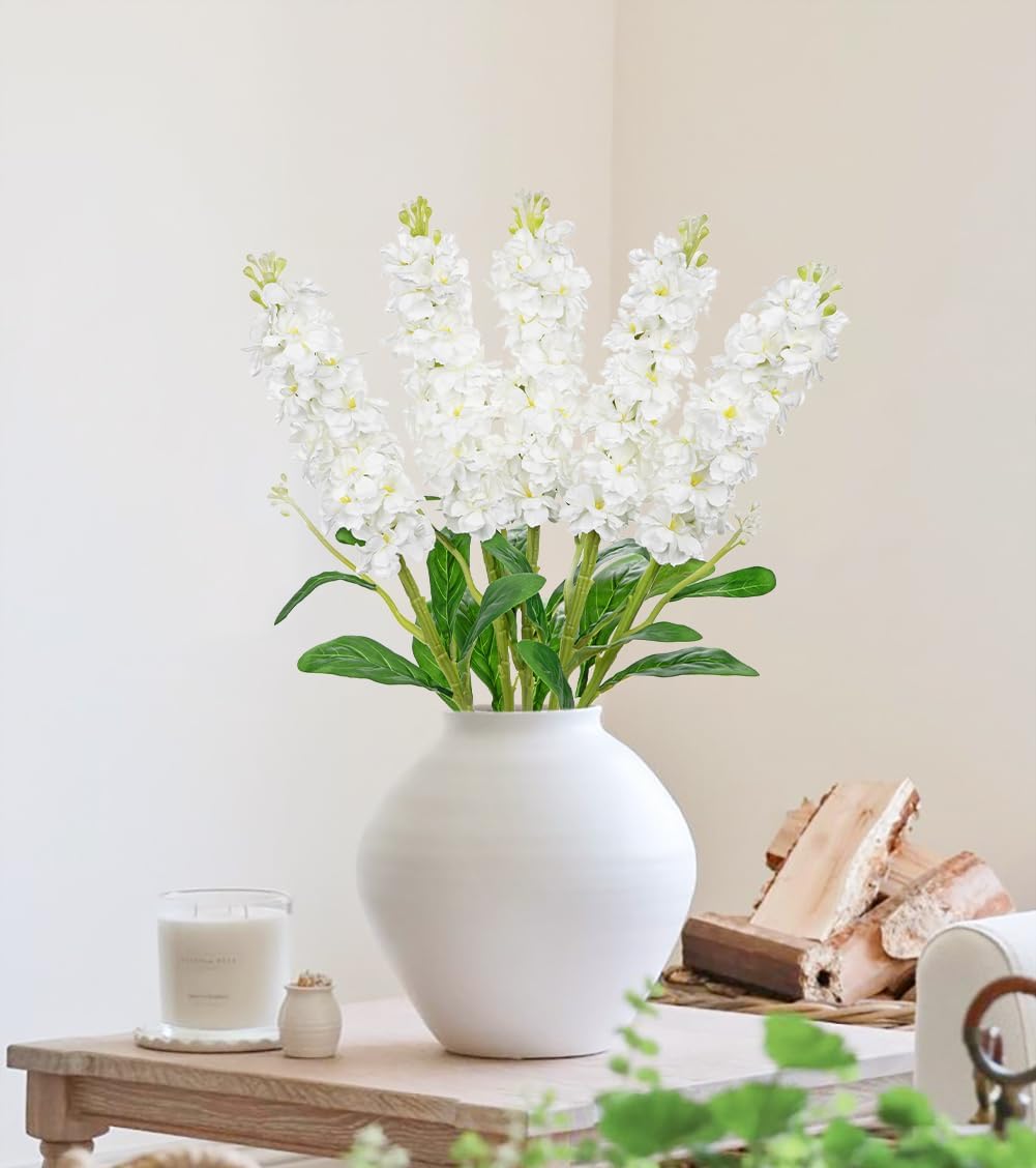 5pcs White Delphinium Artificial Flowers Silk UV Resistant Flower, 25.5" UV Fake Flowers for Indoors & Outdoors, UV Protected Faux Floral Arrangements for DIY Bouquets Centerpieces Home Wedding Decor