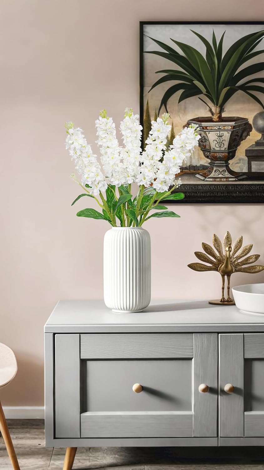 5pcs White Delphinium Artificial Flowers Silk UV Resistant Flower, 25.5" UV Fake Flowers for Indoors & Outdoors, UV Protected Faux Floral Arrangements for DIY Bouquets Centerpieces Home Wedding Decor