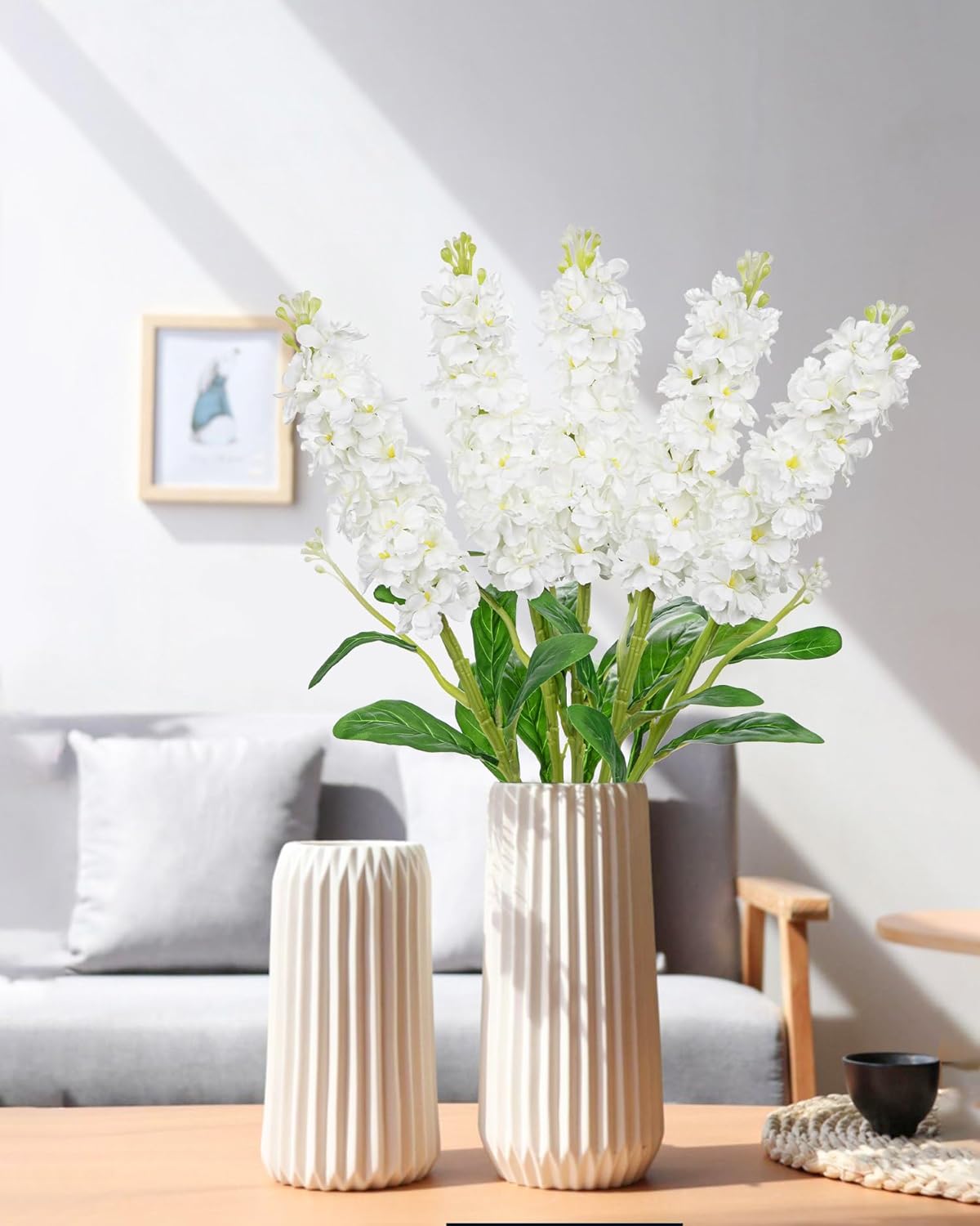 5pcs White Delphinium Artificial Flowers Silk UV Resistant Flower, 25.5" UV Fake Flowers for Indoors & Outdoors, UV Protected Faux Floral Arrangements for DIY Bouquets Centerpieces Home Wedding Decor