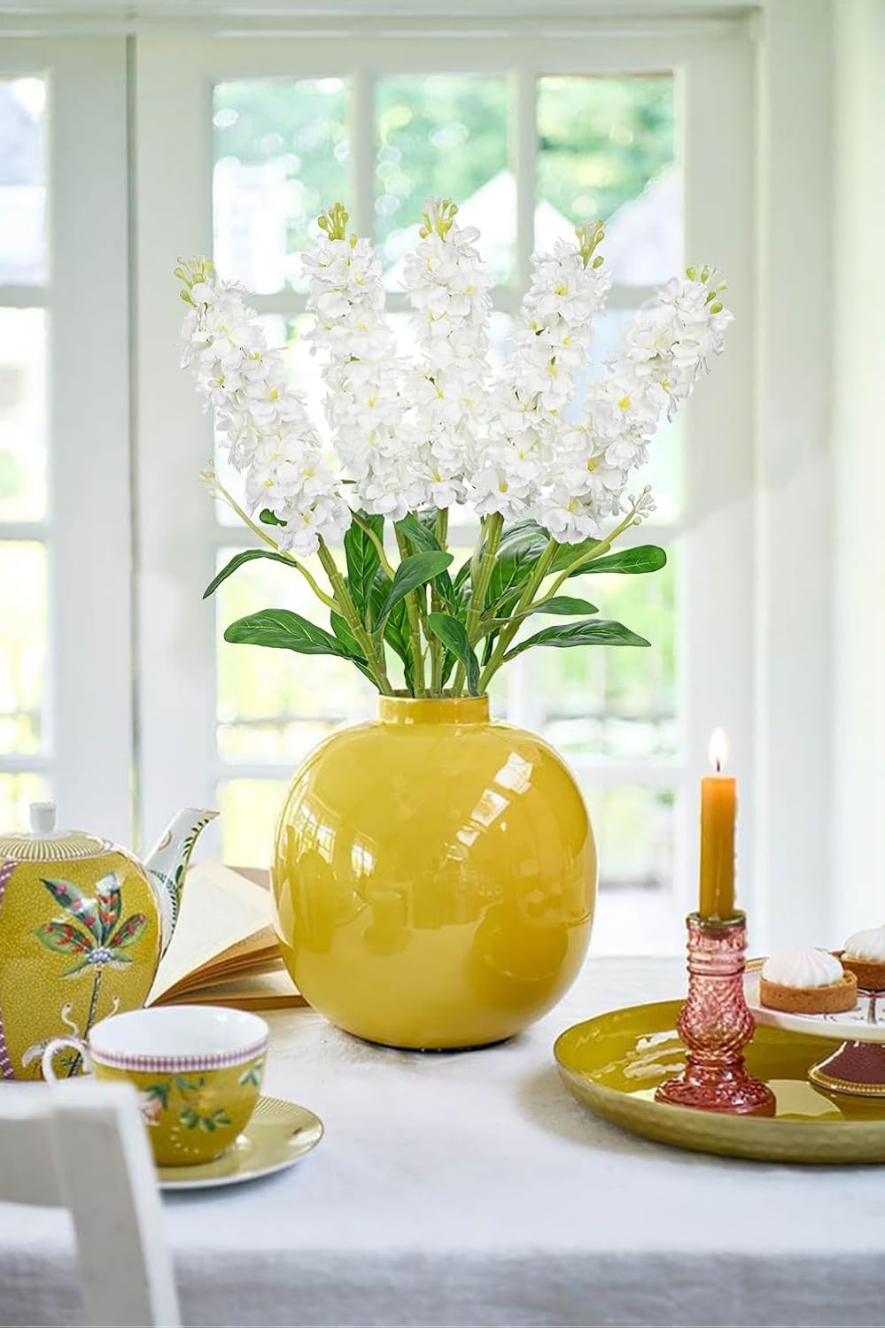 5pcs White Delphinium Artificial Flowers Silk UV Resistant Flower, 25.5" UV Fake Flowers for Indoors & Outdoors, UV Protected Faux Floral Arrangements for DIY Bouquets Centerpieces Home Wedding Decor