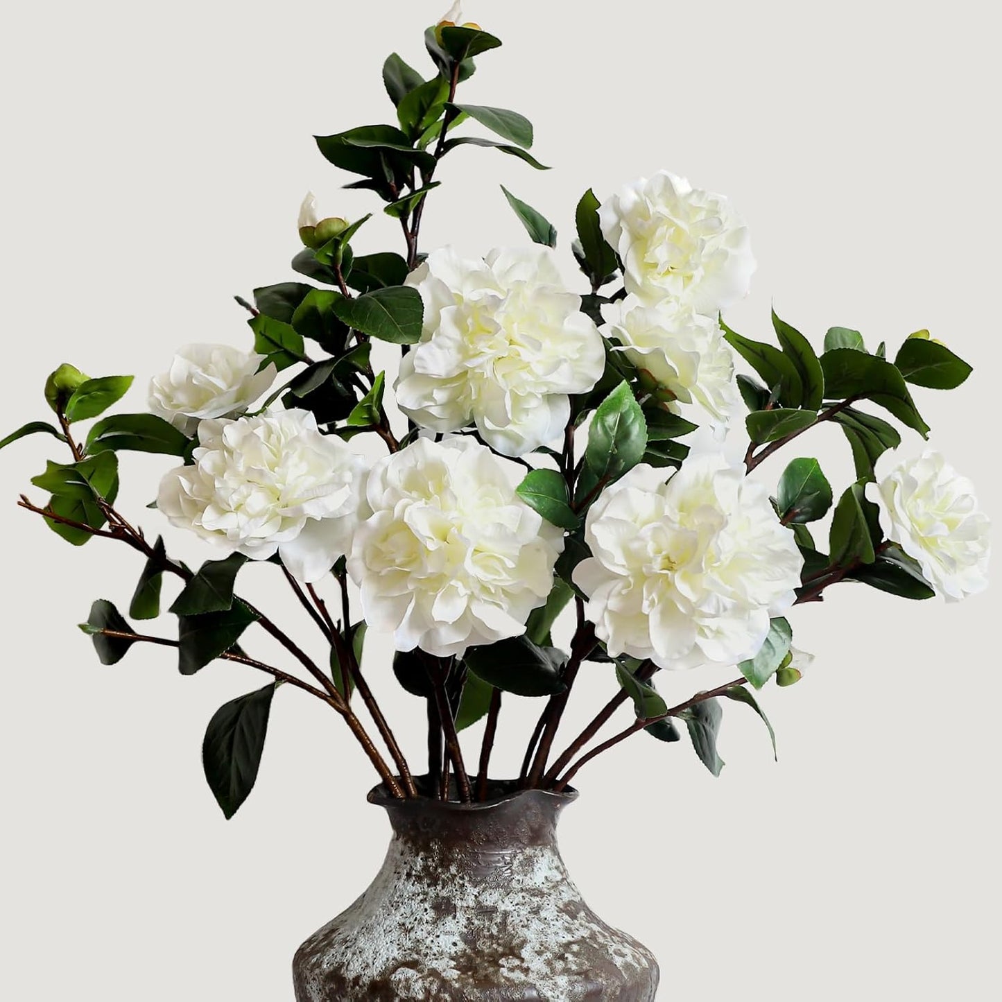 26” Artificial White Flowers, 4Pcs Cream White Camellia Flowers, Long Floral Stems for Tall Vases, Faux White Flowers for Centerpieces, Wedding, Home & Office Decor