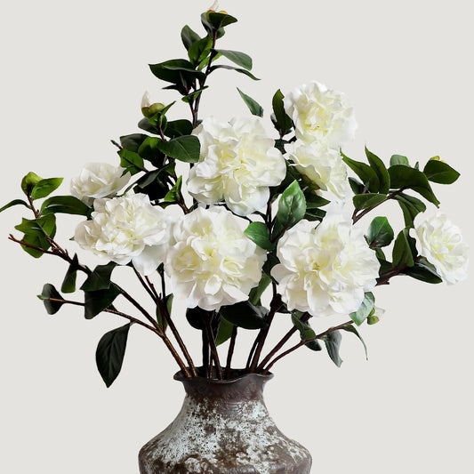 26” Artificial White Flowers, 4Pcs Cream White Camellia Flowers, Long Floral Stems for Tall Vases, Faux White Flowers for Centerpieces, Wedding, Home & Office Decor