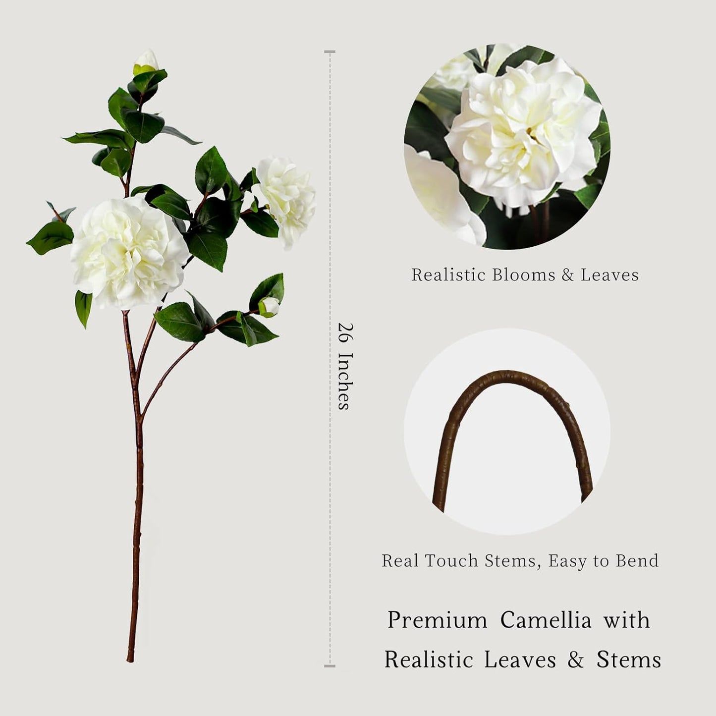 26” Artificial White Flowers, 4Pcs Cream White Camellia Flowers, Long Floral Stems for Tall Vases, Faux White Flowers for Centerpieces, Wedding, Home & Office Decor