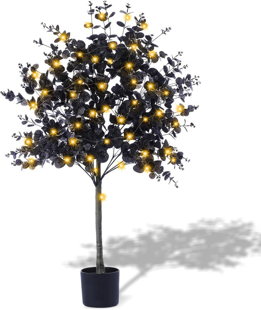 4ft Fall Eucalyptus Leaves Artificial Autumn Tree Ficus Fall Eucalyptus Stems Thanksgiving Decor Artificial Faux Tree Leaves Branches Decor for Porch Front Door Outdoor Indoor Decoration