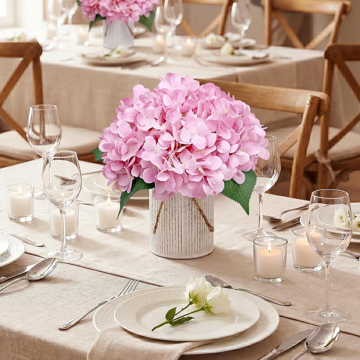 Royal Blue Flower Table Centerpieces, Set of 6, Rose & Hydrangea | Floral Arrangement Artificial Wedding Floral Arrangement with Rustic Metal Vase for Bridal Tea Party Event Decorations
