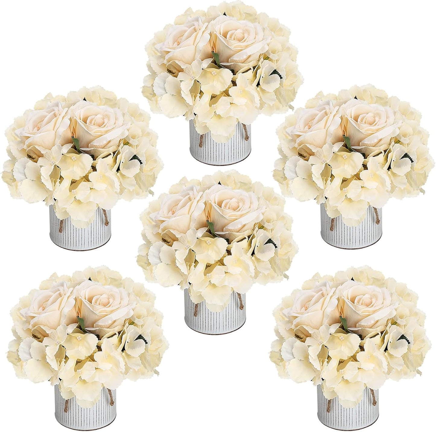 Royal Blue Flower Table Centerpieces, Set of 6, Rose & Hydrangea | Floral Arrangement Artificial Wedding Floral Arrangement with Rustic Metal Vase for Bridal Tea Party Event Decorations