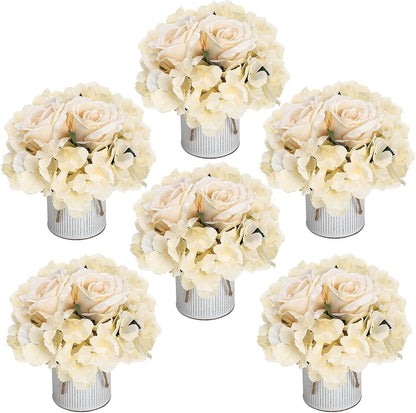 Royal Blue Flower Table Centerpieces, Set of 6, Rose & Hydrangea | Floral Arrangement Artificial Wedding Floral Arrangement with Rustic Metal Vase for Bridal Tea Party Event Decorations