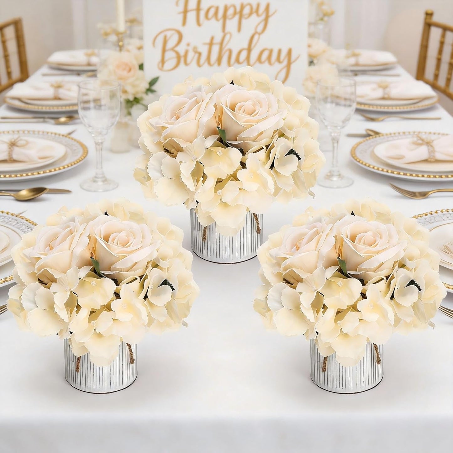 Royal Blue Flower Table Centerpieces, Set of 6, Rose & Hydrangea | Floral Arrangement Artificial Wedding Floral Arrangement with Rustic Metal Vase for Bridal Tea Party Event Decorations