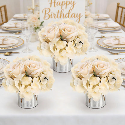Royal Blue Flower Table Centerpieces, Set of 6, Rose & Hydrangea | Floral Arrangement Artificial Wedding Floral Arrangement with Rustic Metal Vase for Bridal Tea Party Event Decorations