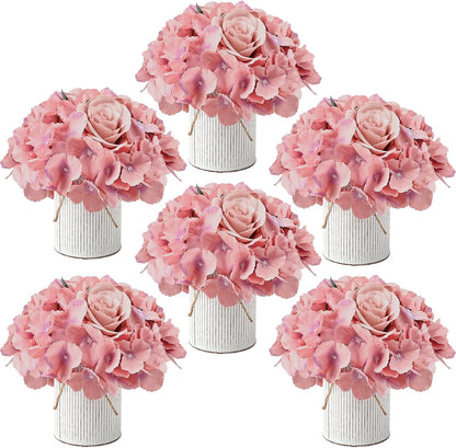 Royal Blue Flower Table Centerpieces, Set of 6, Rose & Hydrangea | Floral Arrangement Artificial Wedding Floral Arrangement with Rustic Metal Vase for Bridal Tea Party Event Decorations