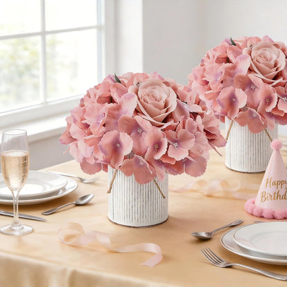 Royal Blue Flower Table Centerpieces, Set of 6, Rose & Hydrangea | Floral Arrangement Artificial Wedding Floral Arrangement with Rustic Metal Vase for Bridal Tea Party Event Decorations
