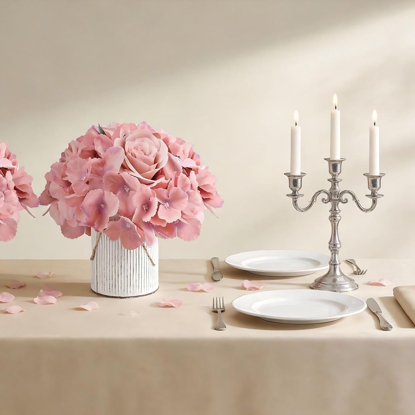 Royal Blue Flower Table Centerpieces, Set of 6, Rose & Hydrangea | Floral Arrangement Artificial Wedding Floral Arrangement with Rustic Metal Vase for Bridal Tea Party Event Decorations