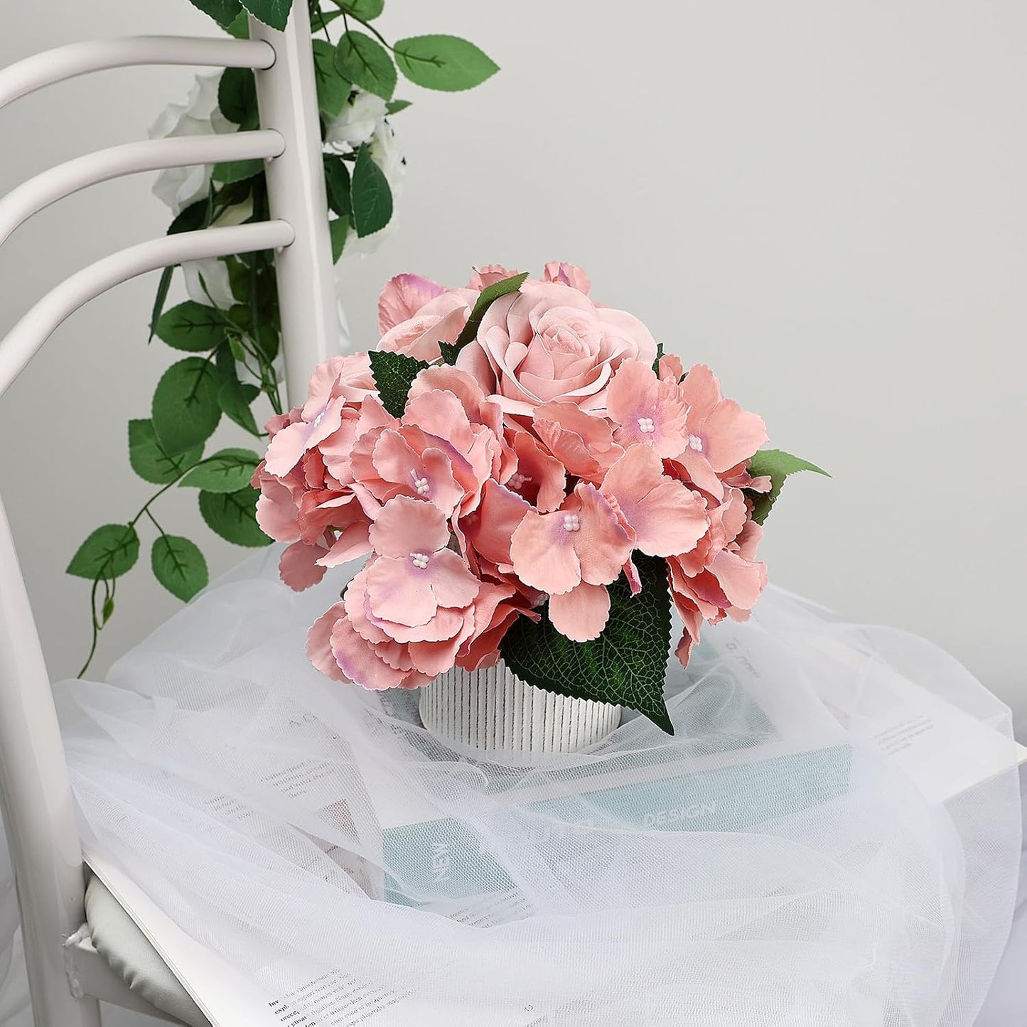 Royal Blue Flower Table Centerpieces, Set of 6, Rose & Hydrangea | Floral Arrangement Artificial Wedding Floral Arrangement with Rustic Metal Vase for Bridal Tea Party Event Decorations