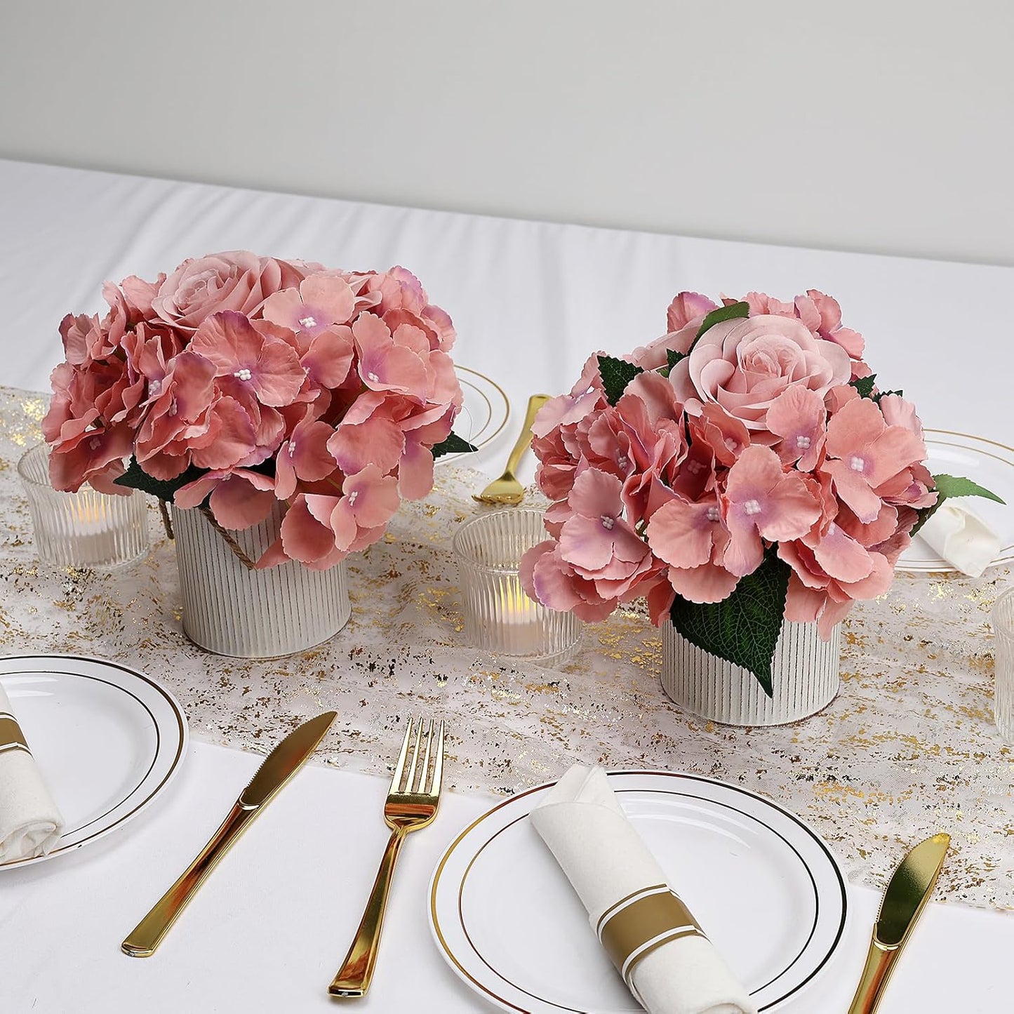 Royal Blue Flower Table Centerpieces, Set of 6, Rose & Hydrangea | Floral Arrangement Artificial Wedding Floral Arrangement with Rustic Metal Vase for Bridal Tea Party Event Decorations
