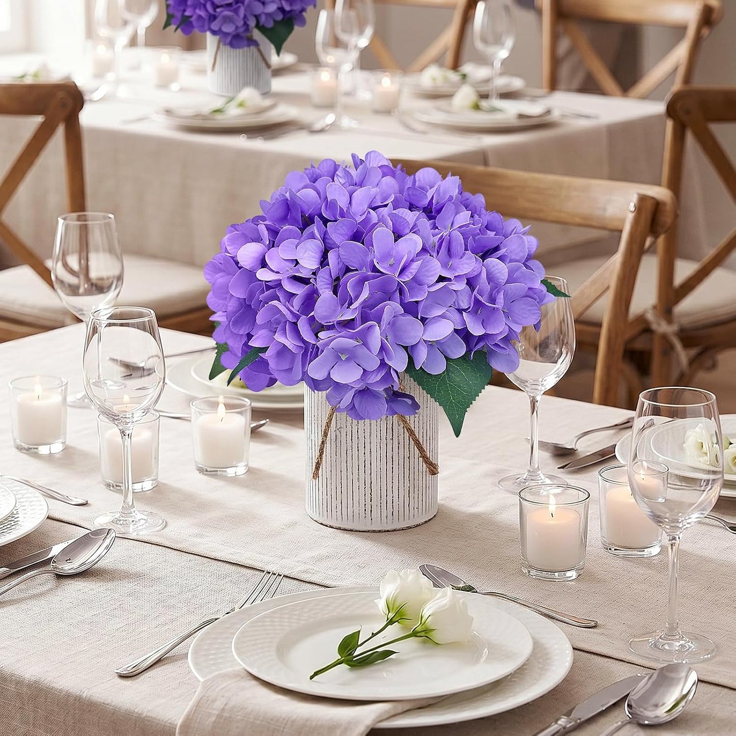 Royal Blue Flower Table Centerpieces, Set of 6, Rose & Hydrangea | Floral Arrangement Artificial Wedding Floral Arrangement with Rustic Metal Vase for Bridal Tea Party Event Decorations