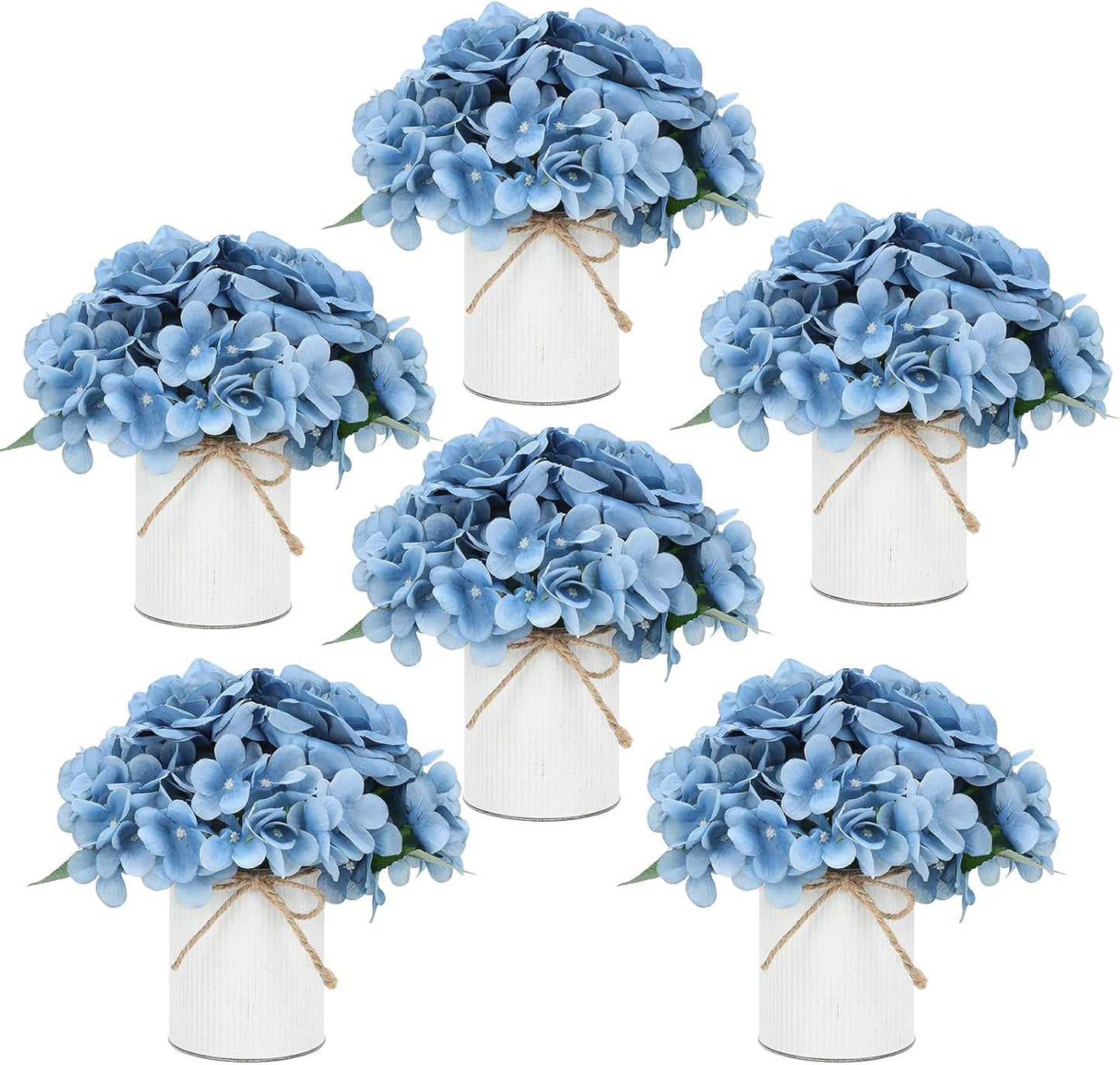 Royal Blue Flower Table Centerpieces, Set of 6, Rose & Hydrangea | Floral Arrangement Artificial Wedding Floral Arrangement with Rustic Metal Vase for Bridal Tea Party Event Decorations