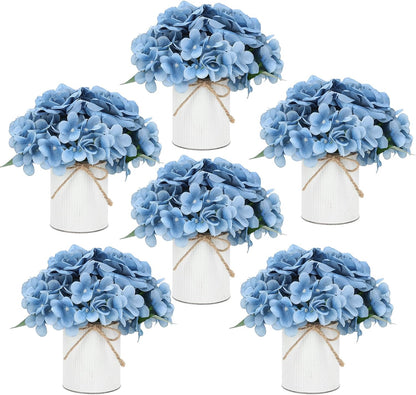 Royal Blue Flower Table Centerpieces, Set of 6, Rose & Hydrangea | Floral Arrangement Artificial Wedding Floral Arrangement with Rustic Metal Vase for Bridal Tea Party Event Decorations