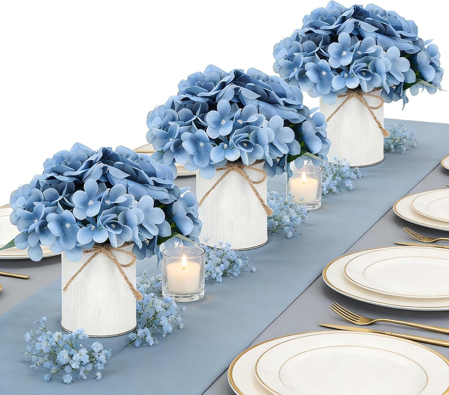 Royal Blue Flower Table Centerpieces, Set of 6, Rose & Hydrangea | Floral Arrangement Artificial Wedding Floral Arrangement with Rustic Metal Vase for Bridal Tea Party Event Decorations