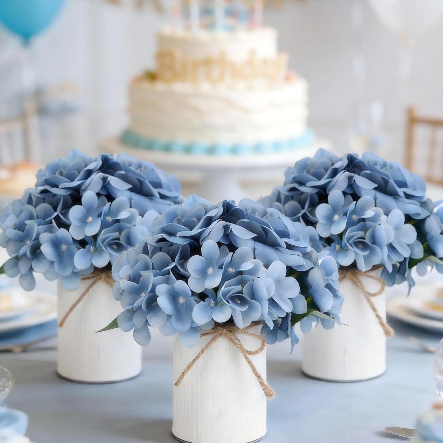 Royal Blue Flower Table Centerpieces, Set of 6, Rose & Hydrangea | Floral Arrangement Artificial Wedding Floral Arrangement with Rustic Metal Vase for Bridal Tea Party Event Decorations
